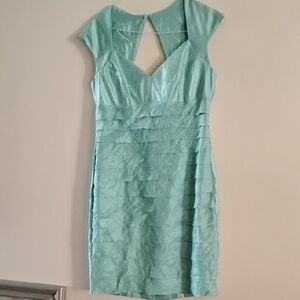 London Style Green Ruched Sheath Dress with Flutter Sleeves